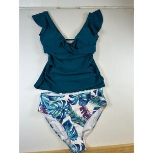 Aidonger Womens Teal Ruffle Tankini Set Tropical Palm Leaf Print High Waist New